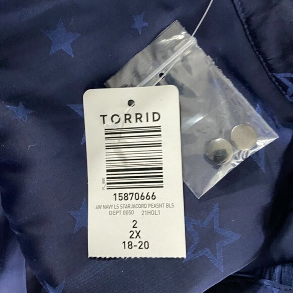 Torrid‎ Peasant Blouse Charmeuse Jacquard Star Navy Blue Tie Neck NWT 2X Flawed - Picture 7 of 11